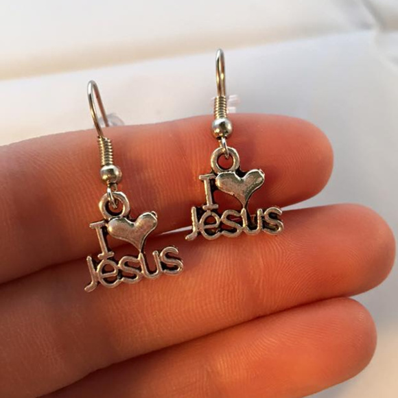 Silver I Love Jesus Earrings Hypoallergenic Hooks - Picture 1 of 3